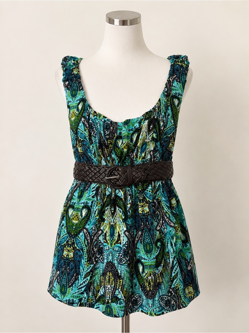 Paisley Braided Belt Blouse Boho Sleeveless Empire Waist Tank Top Blue Green S